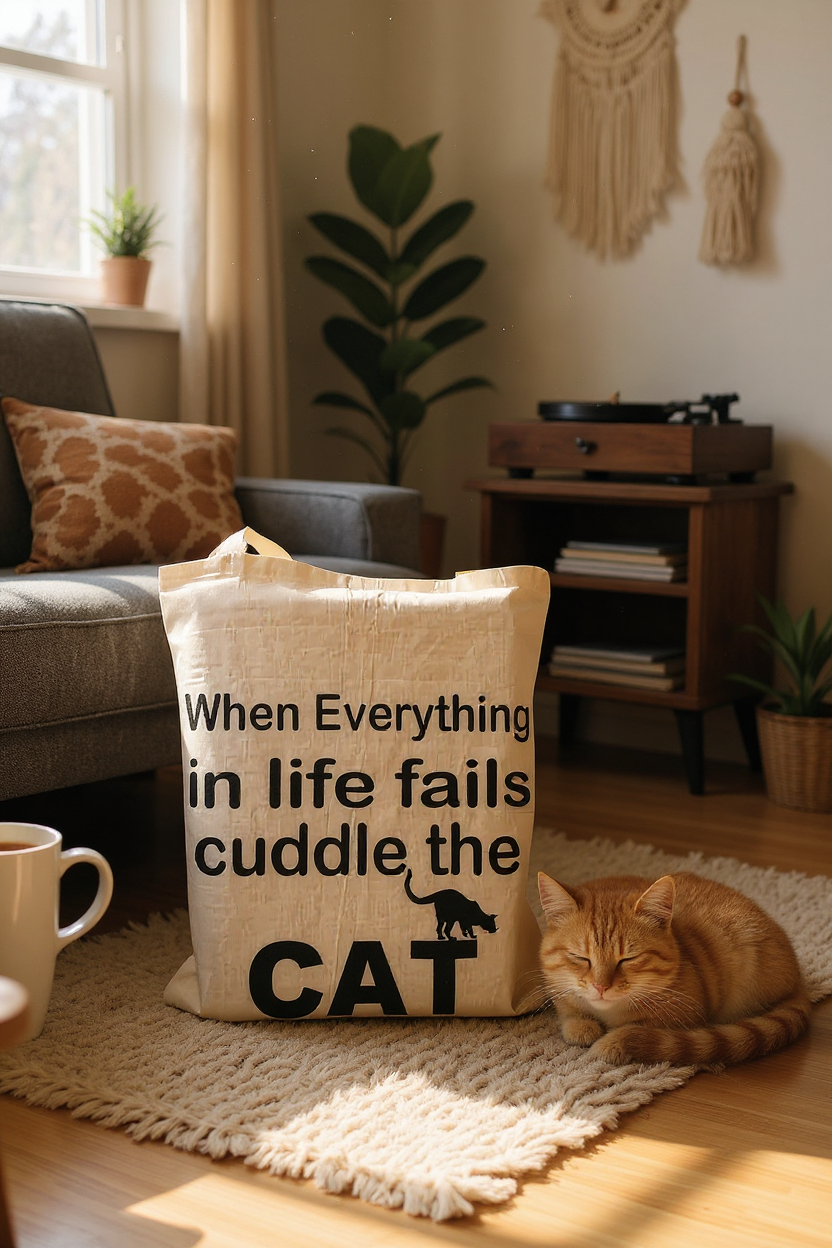 When Everything in Life Fails Cuddle the Cat – Funny Cat Lover Cotton Tote Bag