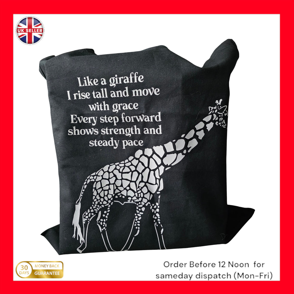 Black cotton tote shopping bag unique giraffe mantra gift christmas