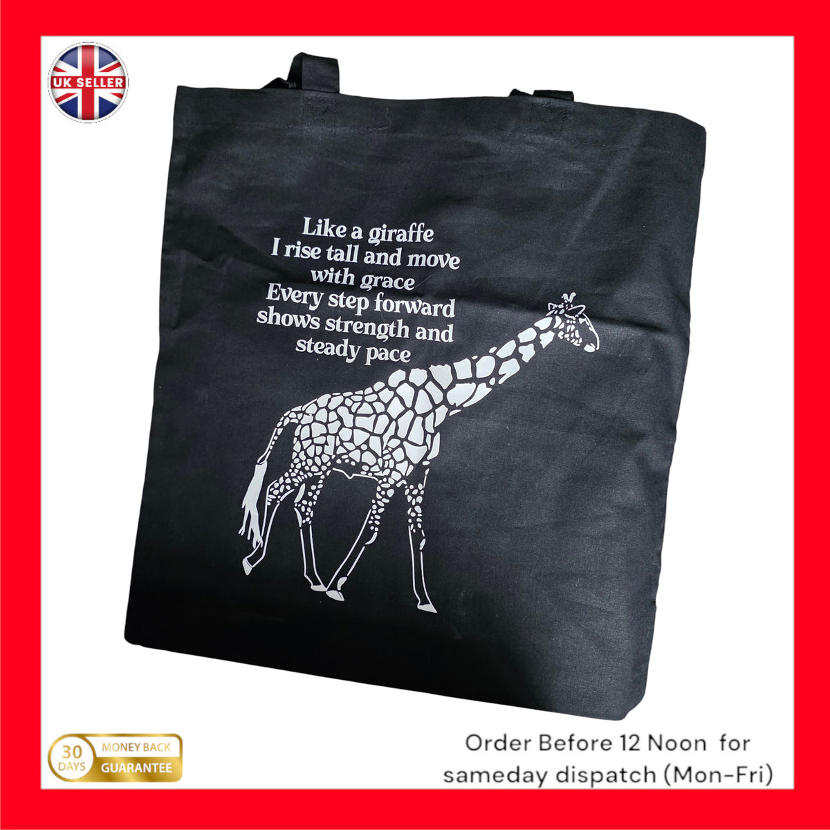 Black cotton tote shopping bag unique giraffe mantra gift christmas