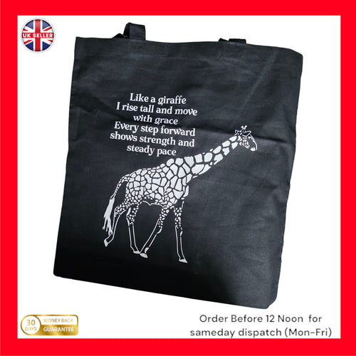 Black cotton tote shopping bag unique giraffe mantra gift christmas